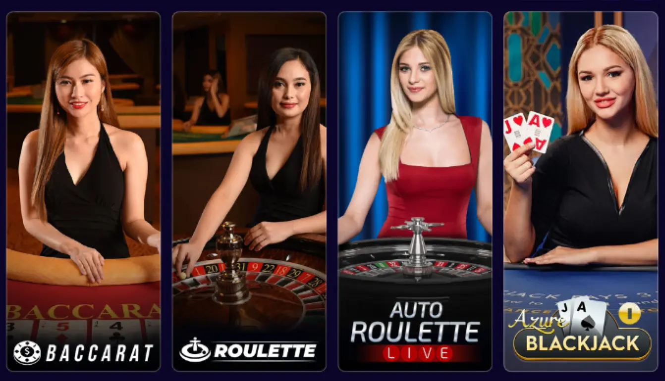 Cztery kafelki kasyna na żywo z krupierkami: baccarat, ruletka, auto roulette live oraz blackjack, na ciemnym tle w stylu lobby